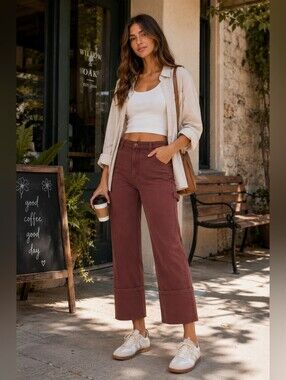 Risen HR Straight Fit Wide Cuffed Jeans Choco Brown Neutral Utility Various NEW